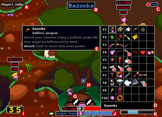 Annotated screenshot of Hedgewars, showing the various HUD elements